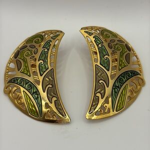 Vintage 80’s Edgar Berberi Artistic Gold and Green Crescent Earrings Clip Ons